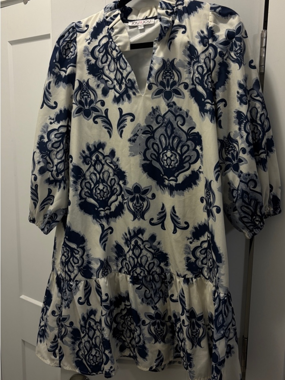 Joy Joy Navy and White Damask-Print Mini Dress size S